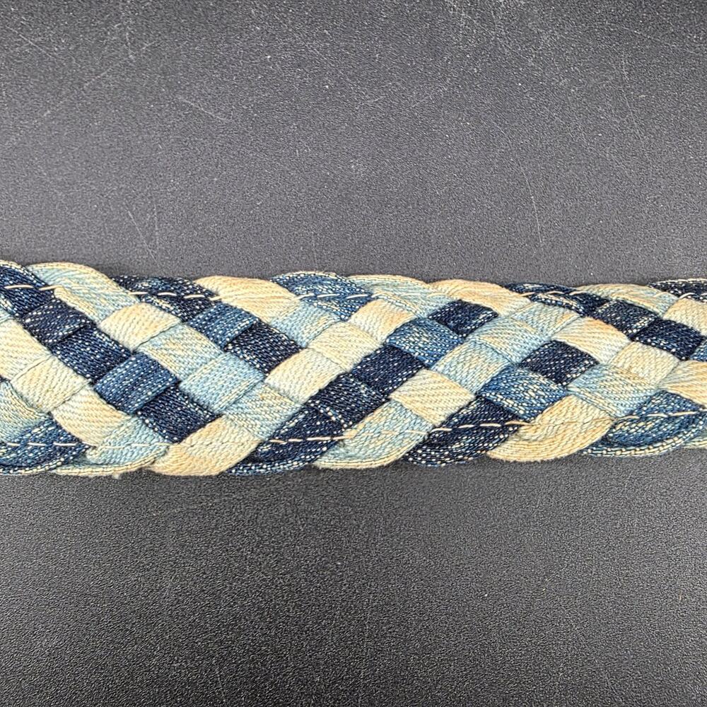 Vintage Denim & Leather Braided Belt Size 36 Blue Tan Brown Boho Hippie Casual